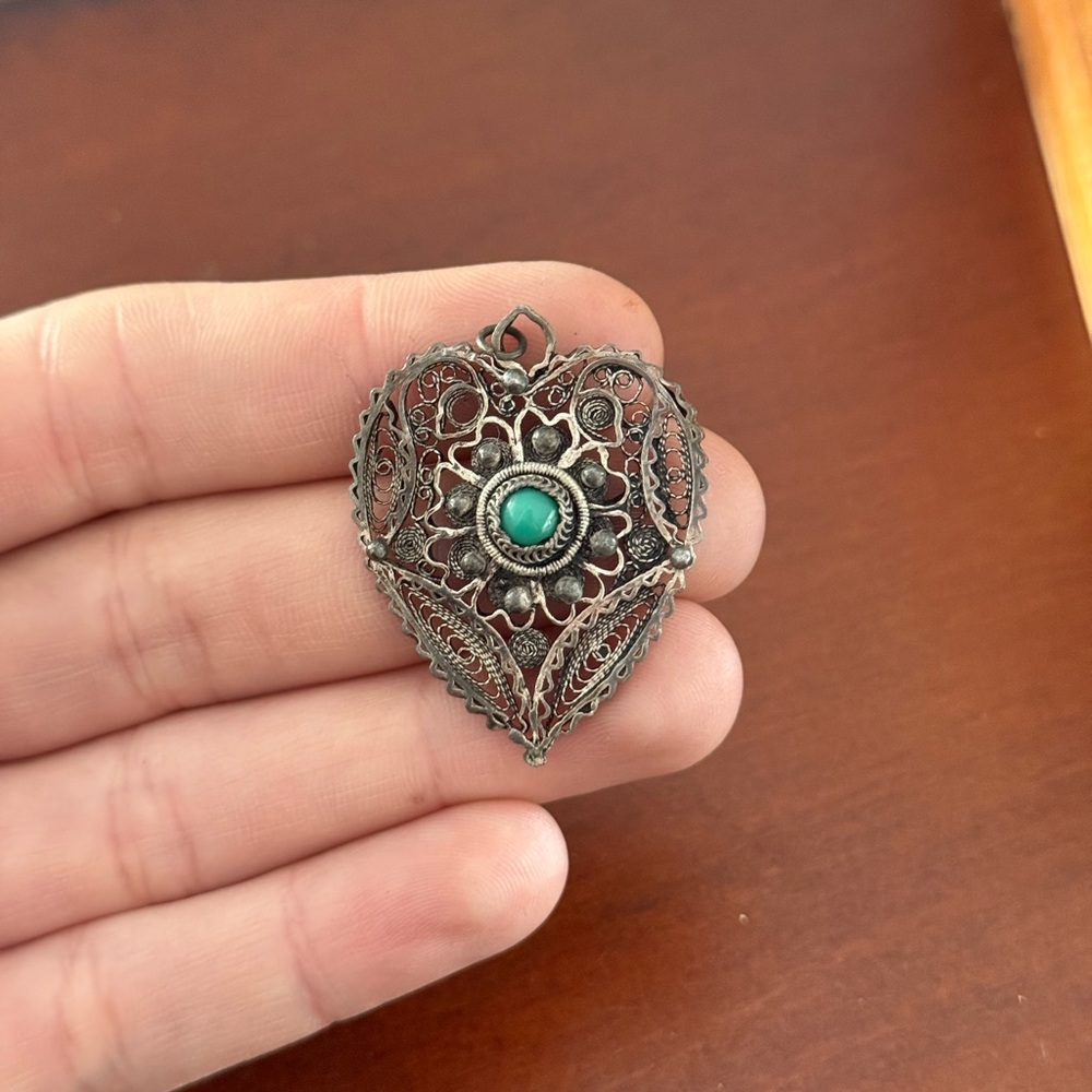 Vintage Sterling Silver Filigree Heart Pendant with Green Accent